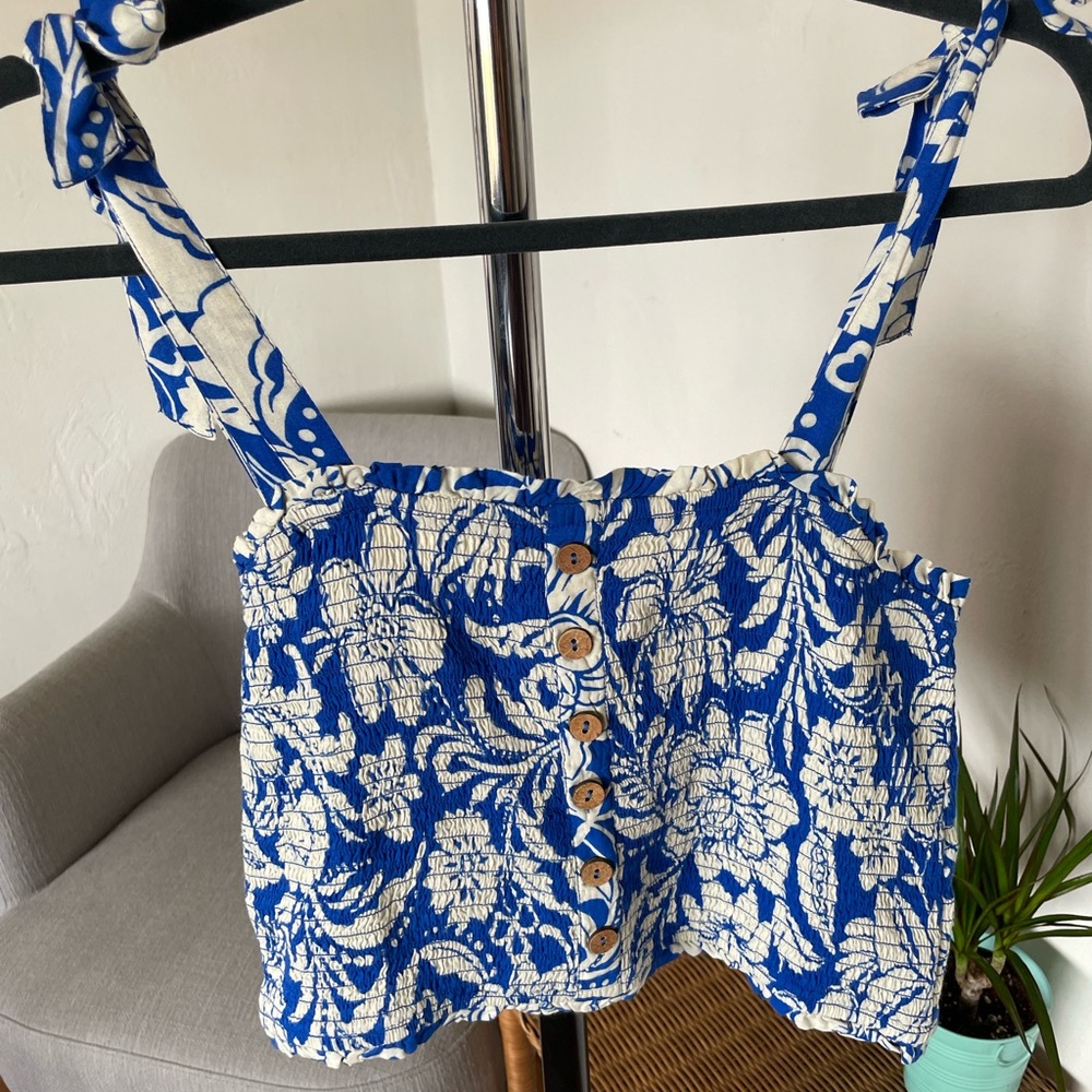 Patrons of Peace Blue and White Floral Tank Top
